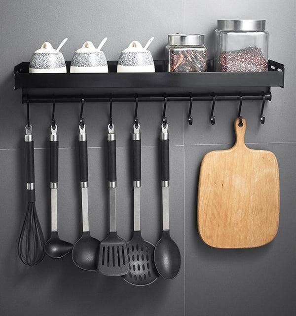 Black Wall Mounted Kitchen Racks with Hooks Space Aluminum Storage Shelf Kitchen Appliances Spice Rack Kitchen Rack Organizer