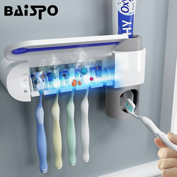 2 in 1 UV Light Ultraviolet Toothbrush Sterilizer Toothbrush Holder Automatic Toothpaste Squeezers Dispenser Home Bathroom Set